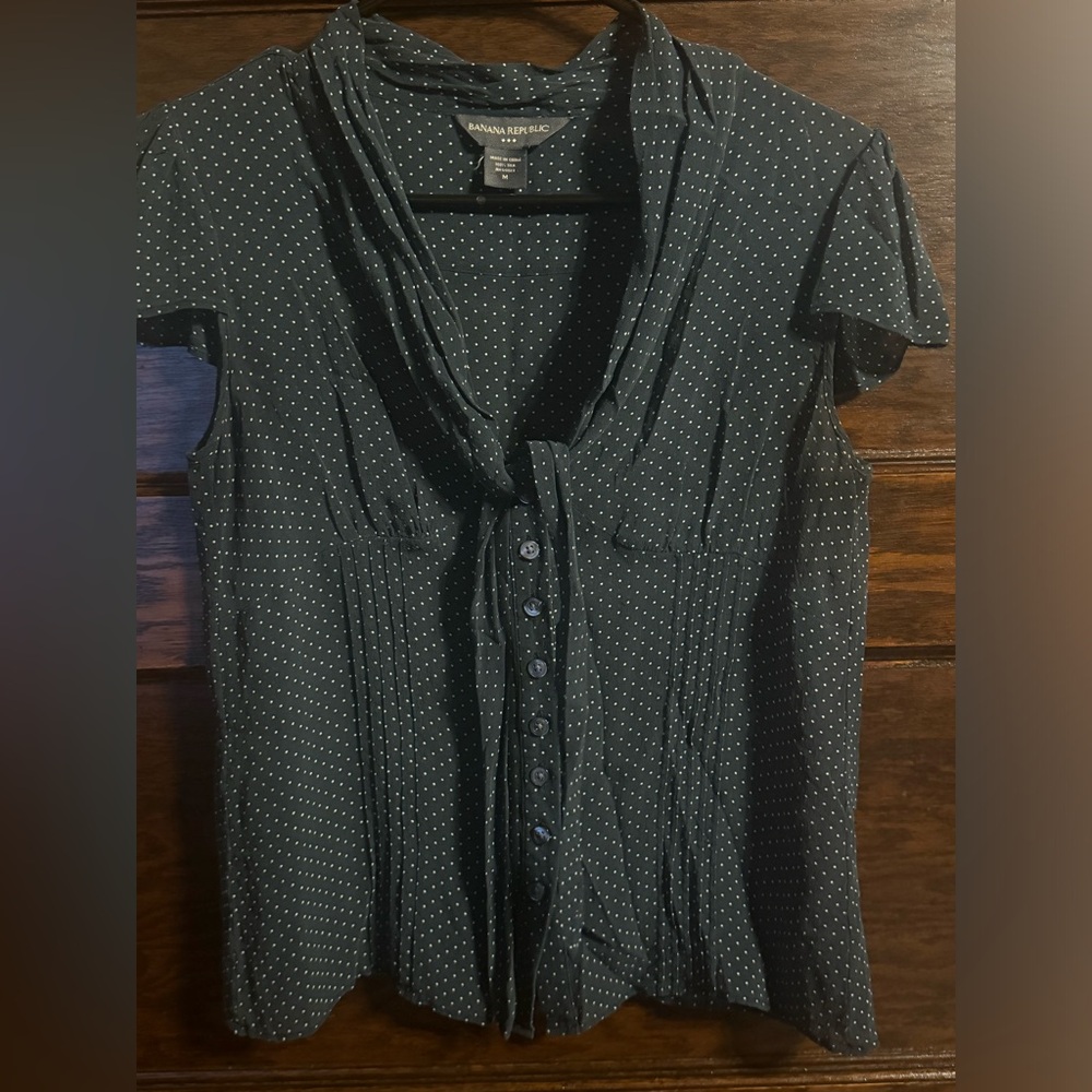 Banana Republic Navy Blue Short Sleeve Button Down Shirt with White Polka Dots